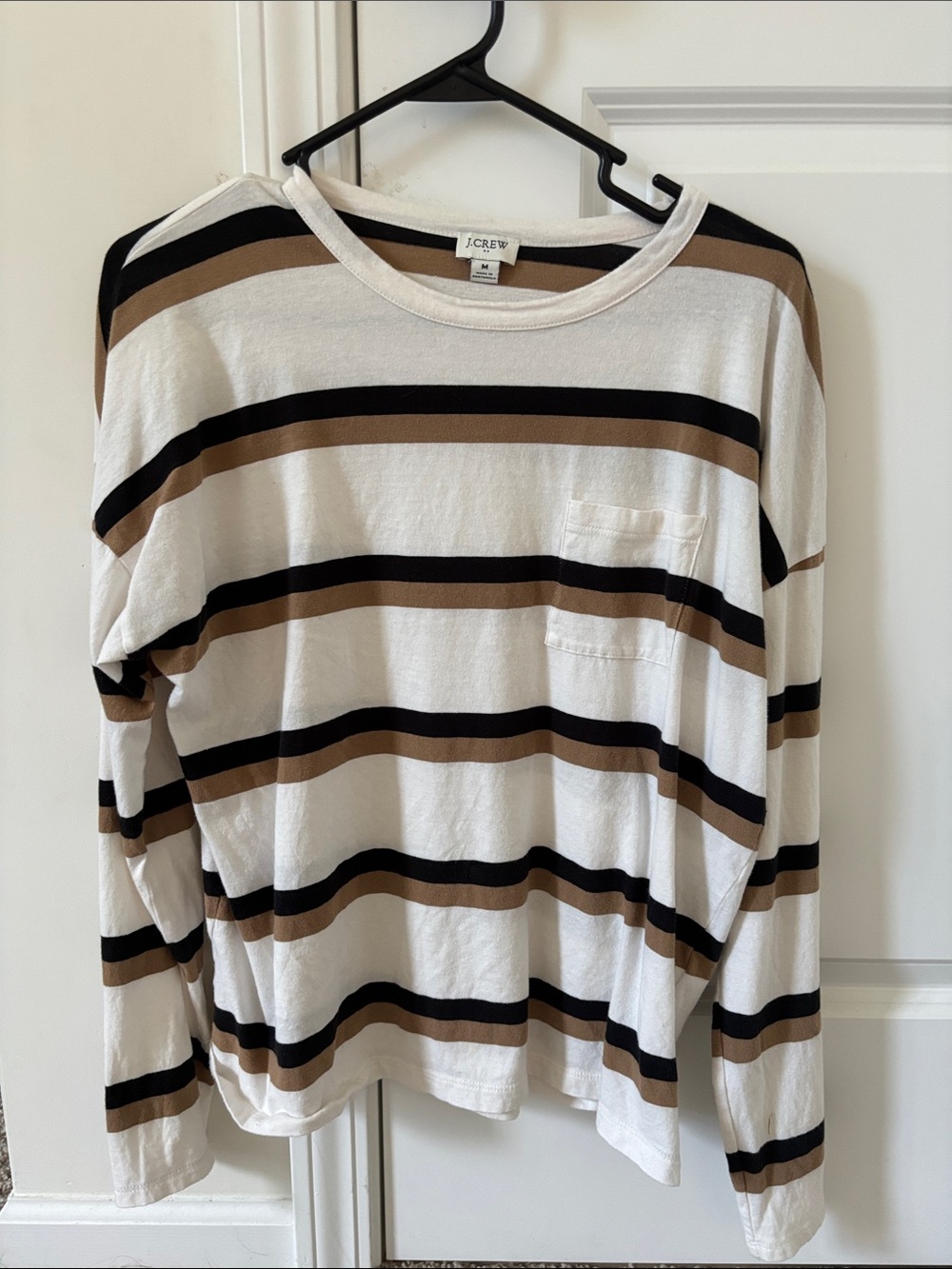 J. Crew Women’s Cream Long-Sleeve Striped Tee with Brown and Black Bands